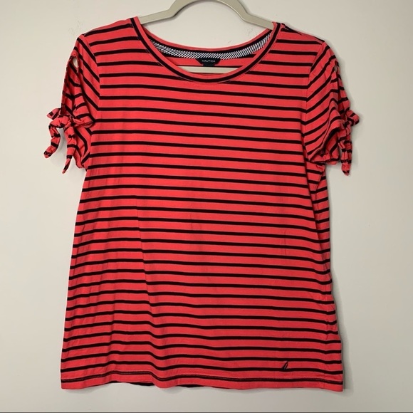 Women’s Nautica pink striped short sleeve blouse size medium M - Picture 1 of 5